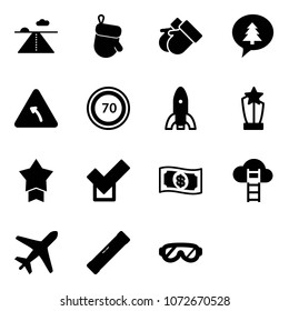 Solid vector icon set - runway vector, christmas glove, gloves, merry message, turn left road sign, speed limit 70, rocket, award, star medal, check, money, cloud ladder, plane, level