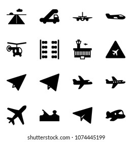 Solid vector icon set - runway vector, trap truck, plane, small, helicopter, seats, airport building, road sign, paper, fly, jointer, toy
