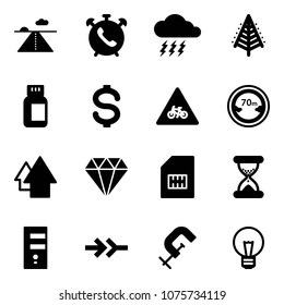 Solid vector icon set - runway vector, phone alarm, storm, christmas tree, pills bottle, dollar, road for moto sign, limited distance, arrow up, diamond, sim, sand clock, server, connect, clamp