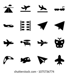 Solid vector icon set - runway vector, departure, arrival, baggage truck, small plane, seats, paper, fly, helicopter, butterfly, boomerang, toy