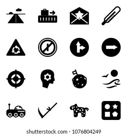 Solid vector icon set - runway vector, baggage, star letter, thermometer, round motion road sign, no parkin odd, only forward right, target, brain work, moon flag, waves, rover, scythe, toy horse