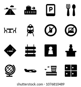 Solid vector icon set - runway vector, baggage, parking sign, spoon and fork, cafe, train, no mobile, computer, smoking area, post, female wc, recieptionist, globe, small plane, airport building