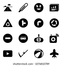 Solid vector icon set - runway vector, thermometer, dollar smile, statistics report, round motion road sign, only forward right, circle, bus, growth, wireless speaker, playback, scythe, beach ball