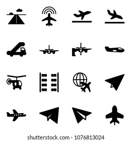 Solid vector icon set - runway vector, plane radar, departure, arrival, trap truck, boarding passengers, small, helicopter, seats, globe, paper, toy