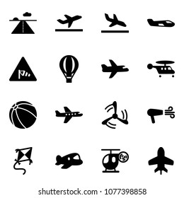 Solid vector icon set - runway vector, departure, arrival, small plane, side wind road sign, air balloon, helicopter, ball, mill, dryer, kite, toy