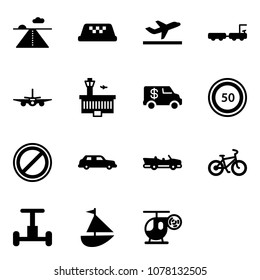 Solid vector icon set - runway vector, taxi, departure, baggage truck, plane, airport building, encashment car, speed limit 50 road sign, no parking, limousine, cabrio, bike, gyroscope, sailboat toy