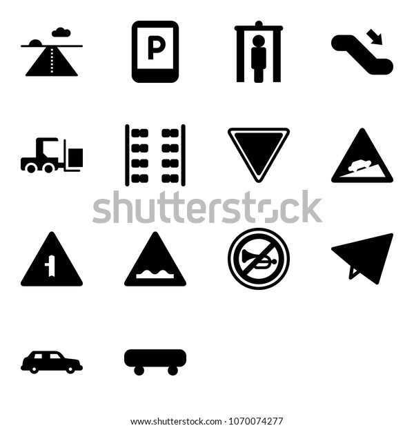 Solid\
vector icon set - runway vector, parking sign, metal detector gate,\
escalator down, fork loader, plane seats, giving way road, climb,\
intersection, rough, no horn, paper fly,\
limousine