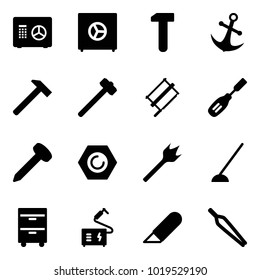 Solid vector icon set - safe vector, work, anchor, hammer, sledgehammer, bucksaw, chisel, nail, nut, wood drill, hoe, tool cabinet, welding, knife, forceps