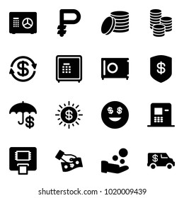 Solid vector icon set - safe vector, ruble, coin, dollar exchange, insurance, sun, smile, atm, cash pay, encashment car