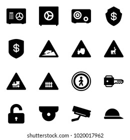 Solid vector icon set - safe vector, climb road sign, tractor way, wild animals, railway intersection, no pedestrian, key, unlocked, surveillance camera, construction helmet