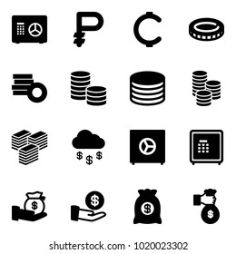 Solid vector icon set - safe vector, ruble, cent, coin, big cash, money rain, investment, bag, rich