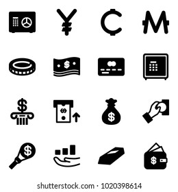 Solid vector icon set - safe vector, yen, cent, monero, coin, cash, credit card, bank, atm, money bag, pay, torch, growth, gold, finance management