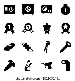 Solid vector icon set - safe vector, gold medal, star, work knife, plumber, screw, winch, wheelbarrow, allen key
