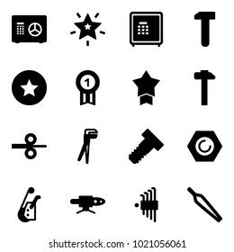 Solid vector icon set - safe vector, christmas star, work, medal, gold, hammer, steel rolling, plumber, bolt, nut, winch, pipe welding, allen key set, forceps
