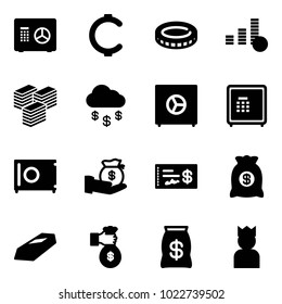 Solid vector icon set - safe vector, cent, coin, big cash, money rain, investment, check, bag, gold, rich, king