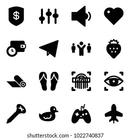 Solid vector icon set - safe vector, settings, low volume, heart, wallet time, paper fly, team leader, strawberry, mat, flip flops, fingerprint scanner, eye, screw, duck toy, joystick, plane