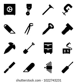 Solid vector icon set - safe vector, piston, mason hammer, clamp, work knife, plumber, screw, bolt, shovel, tool cabinet, welding, rasp, allen key set, awl