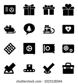 Solid vector icon set - safe vector, gift, santa sleigh, merry christmas message, first aid kit, pills blister, check, conveyor, tool box