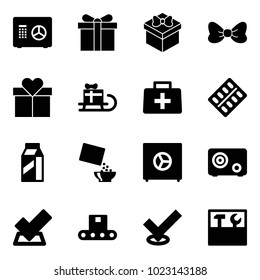 Solid vector icon set - safe vector, gift, bow, sleigh, doctor bag, pills blister, milk, cereal, check, conveyor, tool box