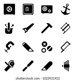 Solid vector icon set - safe vector, anchor, casting of steel, saw, hammer, bucksaw, clamp, work knife, rivet, metal hacksaw, Angular grinder, rasp, allen key set