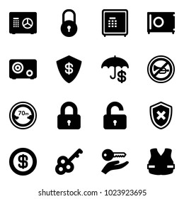 Solid vector icon set - safe vector, lock, insurance, no horn road sign, limited distance, locked, unlocked, shield cross, dollar, key, hand, life vest