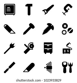 Solid vector icon set - safe vector, work, saw, clamp, knife, nail, screw, rivet, wood drill, Angular grinder, tool cabinet, welding, rasp, allen key set, shovel fork toy