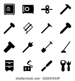 Solid vector icon set - safe vector, steel rolling, hammer, sledgehammer, bucksaw, mason, nail, bolt, wood drill, shovel, hoe, tool cabinet, welding, rasp, fork toy