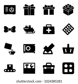 Solid vector icon set - safe vector, gift, bow, santa sleigh, doctor bag, pills blister, cereal, check, basket, conveyor, tool box, cube hole toy