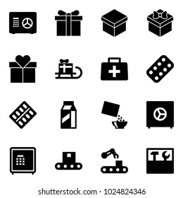 Solid vector icon set - safe vector, gift, sleigh, doctor bag, pills blister, milk, cereal, conveyor, tool box