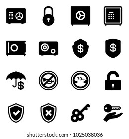 Solid vector icon set - safe vector, lock, insurance, no horn road sign, limited distance, unlocked, shield check, cross, key, hand