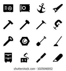 Solid vector icon set - safe vector, anchor, saw, hammer, sledgehammer, mason, clamp, screw, nut, shovel, hoe, tool cabinet, welding, rasp, work knife