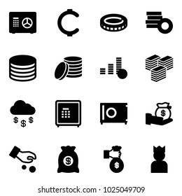 Solid vector icon set - safe vector, cent, coin, big cash, money rain, investment, bag, rich, king