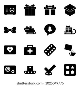 Solid vector icon set - safe vector, gift, bow, santa sleigh, merry christmas message, first aid kit, doctor bag, pills blister, cereal, conveyor, check, cube hole toy