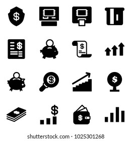 Solid vector icon set - safe vector, atm, account statement, piggy bank, history, arrows up, search money, growth, tree, dollar, chart, finance management