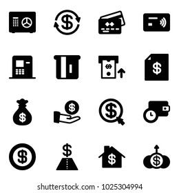 Solid vector icon set - safe vector, dollar exchange, credit card, tap pay, atm, account statement, money bag, investment, click, wallet time, home, growth