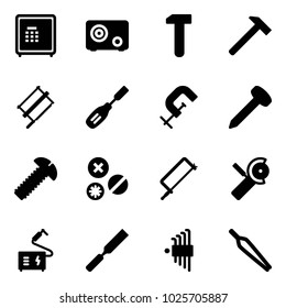 Solid vector icon set - safe vector, work, hammer, bucksaw, chisel, clamp, nail, screw, rivet, metal hacksaw, Angular grinder, welding, rasp, allen key set, forceps