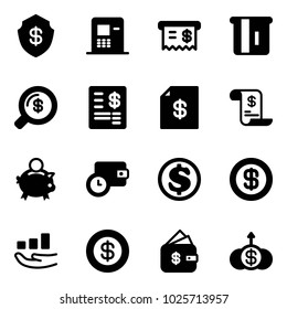 Solid vector icon set - safe vector, atm, receipt, money search, account statement, history, piggy bank, wallet time, dollar, growth, finance management