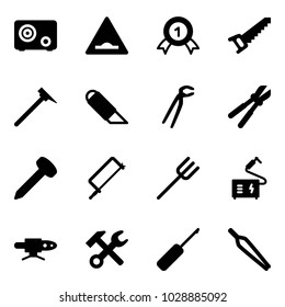 Solid vector icon set - safe vector, artificial unevenness road sign, gold medal, saw, mason hammer, work knife, plumber, bolt cutter, nail, metal hacksaw, farm fork, welding, pipe, wrench, awl
