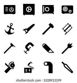 Solid vector icon set - safe vector, anchor, saw, sledgehammer, bucksaw, mason hammer, clamp, work knife, wood drill, Angular grinder, welding, allen key, forceps