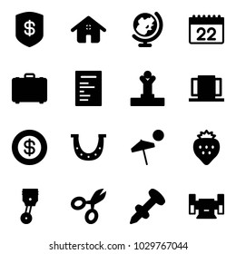 Solid vector icon set - safe vector, home, globe, calendar, case, document, winner, doors, dollar, luck, beach, strawberry, piston, scissors, nail dowel, sharpening