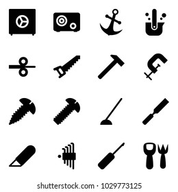 Solid vector icon set - safe vector, anchor, casting of steel, rolling, saw, hammer, clamp, screw, hoe, rasp, work knife, allen key set, awl, shovel fork toy