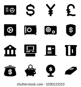 Solid vector icon set - safe vector, dollar sign, yen, pound, bank, atm, purse, piggy, money tree, gold