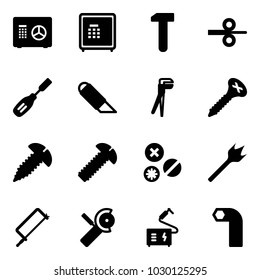 Solid vector icon set - safe vector, work, steel rolling, chisel, knife, plumber, screw, rivet, wood drill, metal hacksaw, Angular grinder, welding, allen key