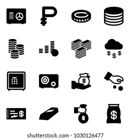 Solid vector icon set - safe vector, ruble, coin, big cash, money rain, investment, check, gold, rich, bag