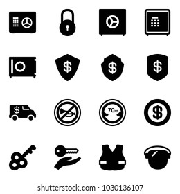 Solid vector icon set - safe vector, lock, encashment car, no horn road sign, limited distance, dollar, key, hand, life vest, protect glass