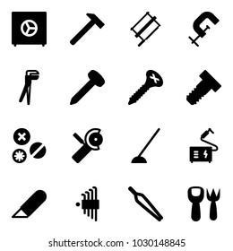 Solid vector icon set - safe vector, hammer, bucksaw, clamp, plumber, nail, screw, bolt, rivet, Angular grinder, hoe, welding, work knife, allen key set, forceps, shovel fork toy