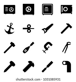 Solid vector icon set - safe vector, anchor, steel rolling, saw, hammer, sledgehammer, chisel, clamp, plumber, nail, screw, rasp, allen key