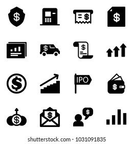 Solid vector icon set - safe vector, atm, receipt, account statement, statistics report, encashment car, history, arrows up, dollar, growth, ipo, finance management, mail, money dialog, chart