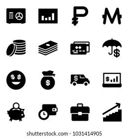 Solid vector icon set - safe vector, statistics, ruble, monero, coin, dollar, credit card, insurance, smile, money bag, encashment car, account, piggy bank, wallet time, portfolio, growth