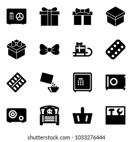 Solid vector icon set - safe vector, gift, bow, sleigh, pills blister, cereal, money chest, basket, tool box